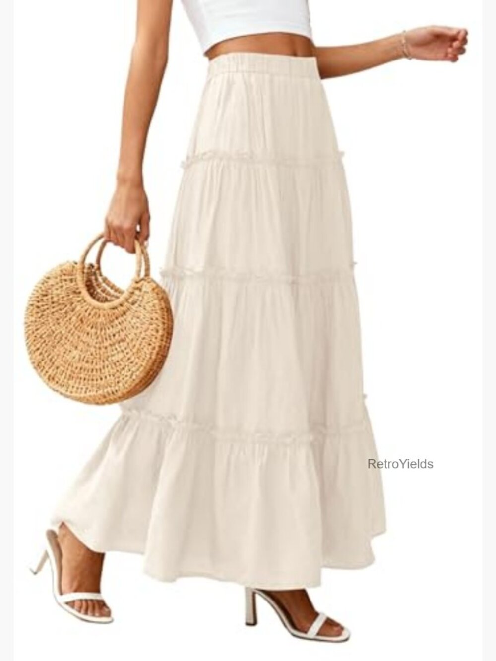 Boho Maxi Skirt with Pockets High Waisted Tiered A-Line Flowy Long Skirt - Picture 3 of 7
